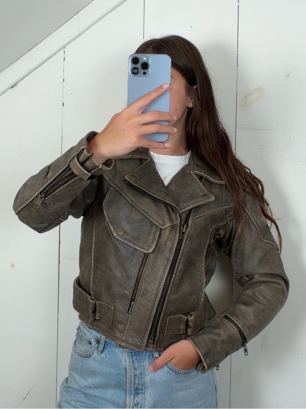 Vintage Genuine Leather Cropped Moto Biker Jacket Women’s S Asymmetrical Zip